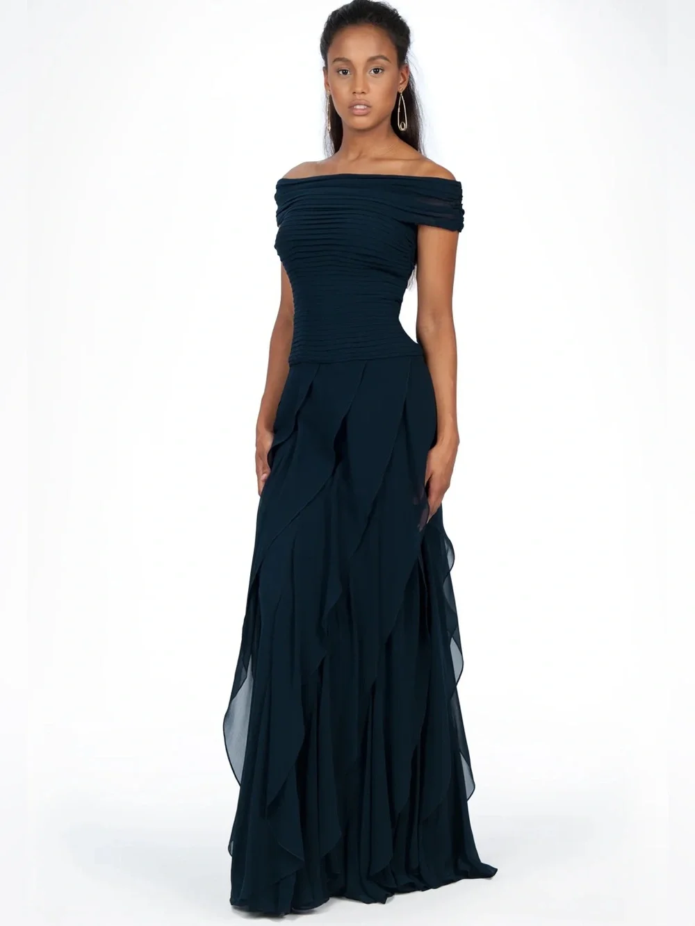 Tadashi Shoji Off-Shoulder Flounce Evening Gown Navy Blue Formal Wedding 8 NWT